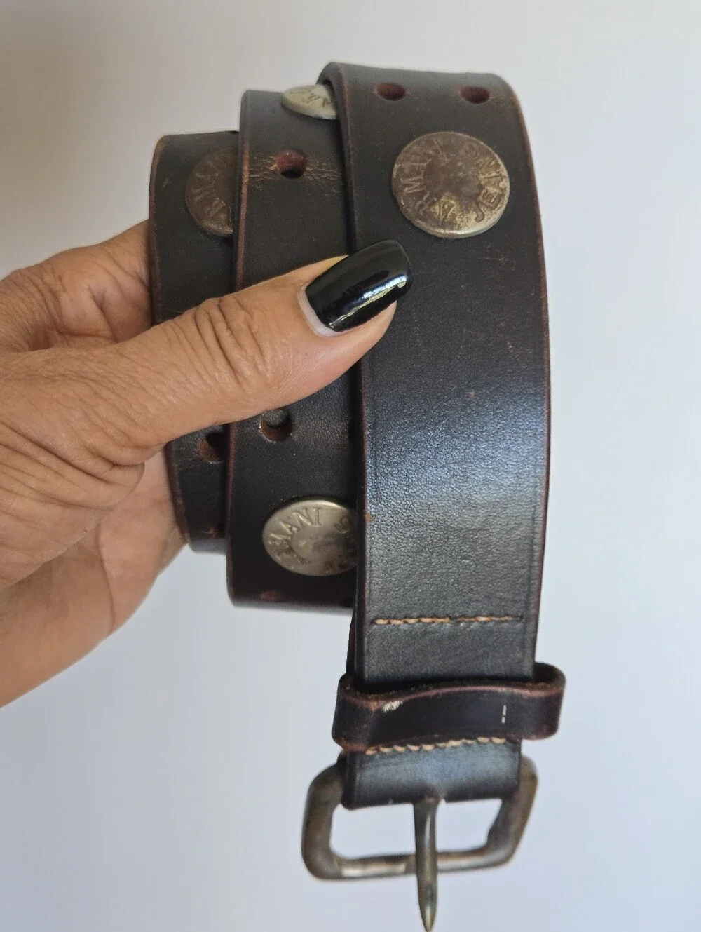Vintage Armani Distressed Brown Leather Belt Western Grunge Metal Stud Accents